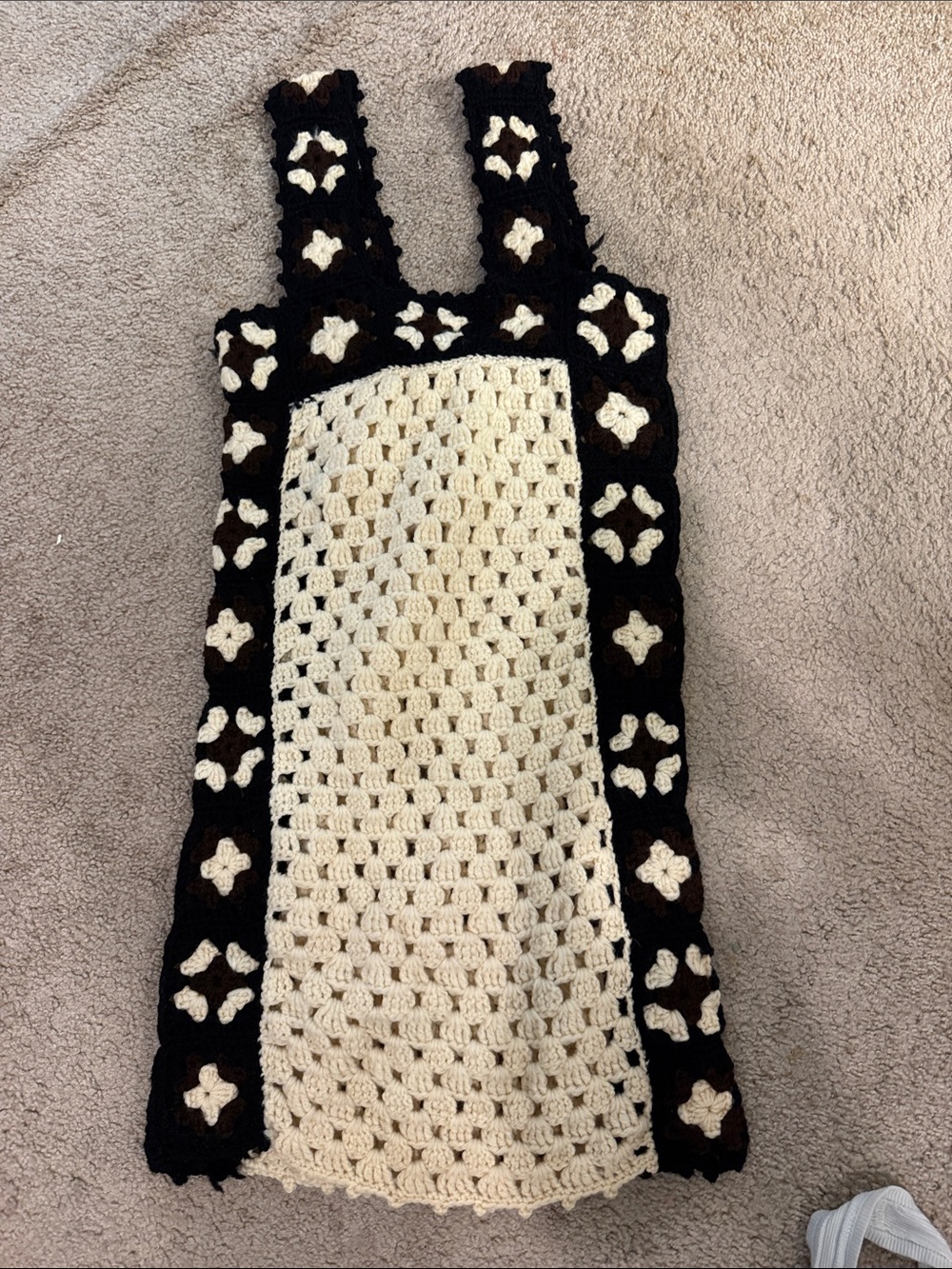Vintage Handmade Crochet Tank Dress in Cream with Black and Brown accents